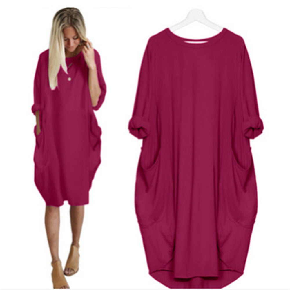 Women's Sleeve Round Neck Solid Color Loose Pockets Dresses