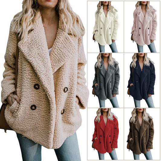 Women's Double Breasted Loose Lamb Wool Fluffy Sweaters