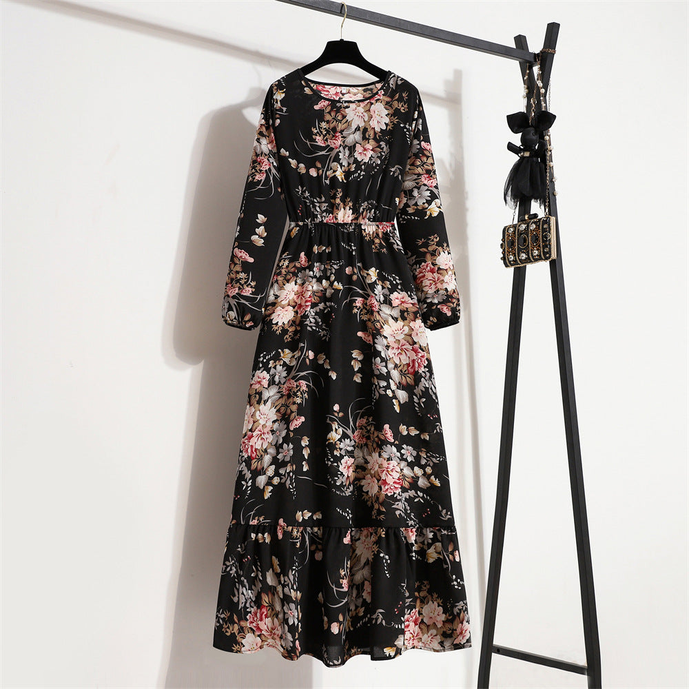 Women's High Waist Long Retro Chiffon Printed Floral Round Neck Dresses