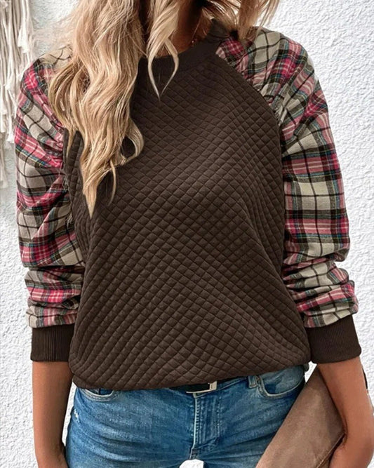 Women's Fashion Diamond Plaid Stitching Long Sleeve Crew Sweaters