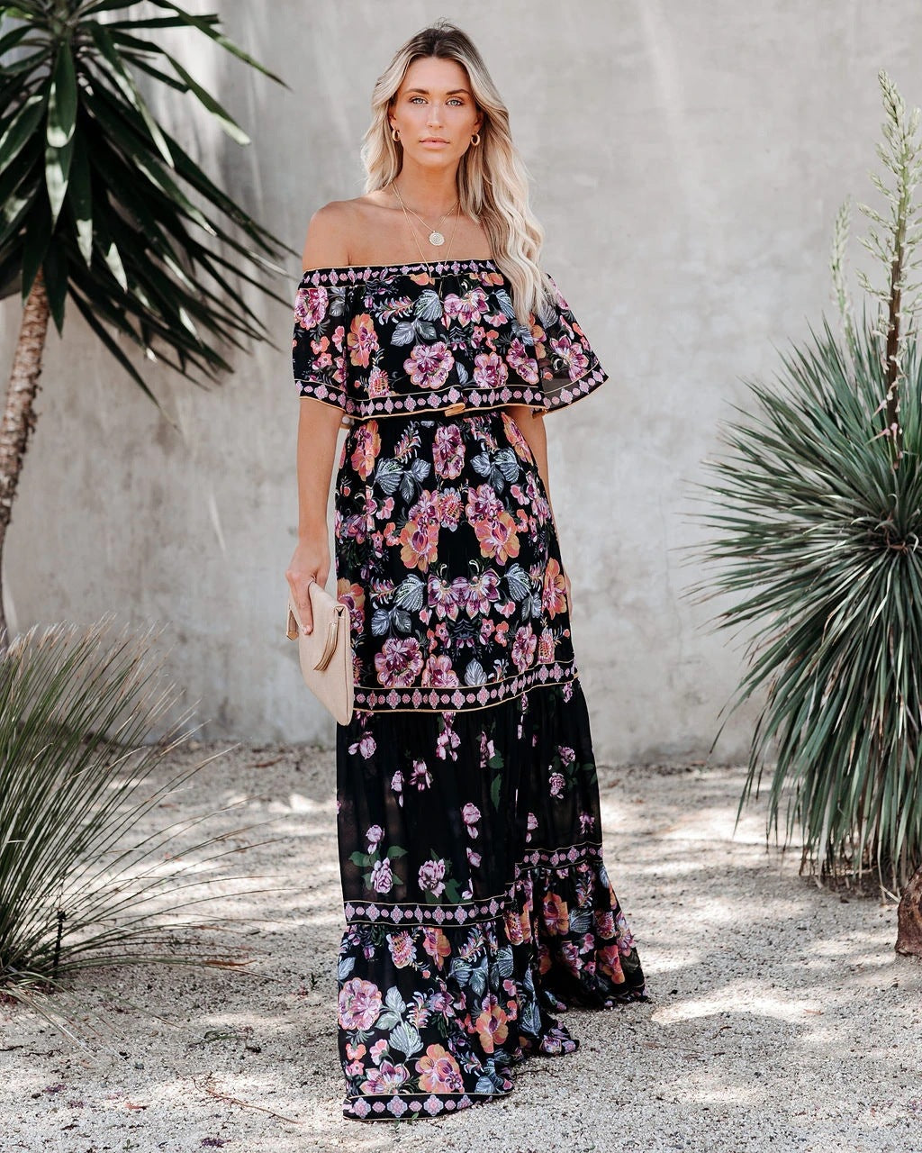 Summer Off-shoulder Printed Long Large Hem Dresses