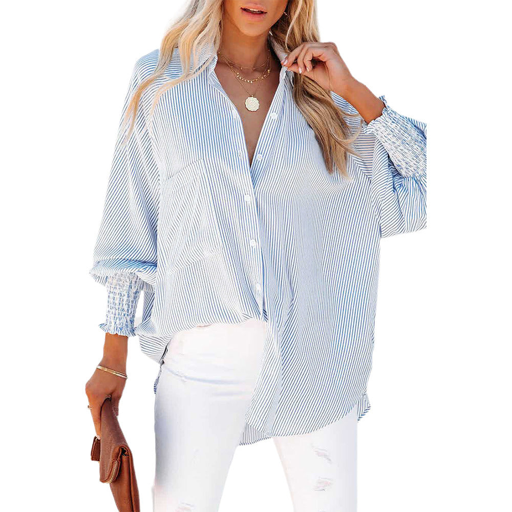 Women's Long Sleeve Shirt Loose Striped Cuff Blouses