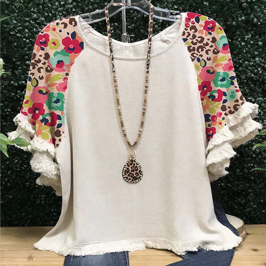 Women's Ruffle Sleeve Round Neck Multicolor Printing Blouses