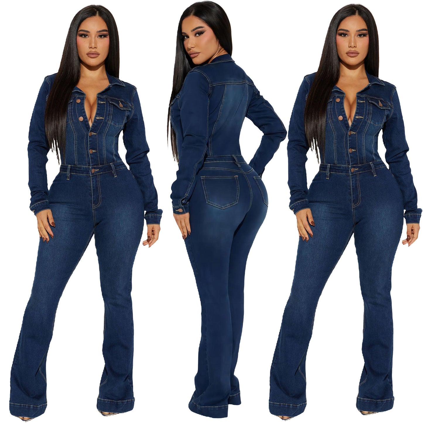 Trade Slim Stretch Trumpet Washed Long Jumpsuits