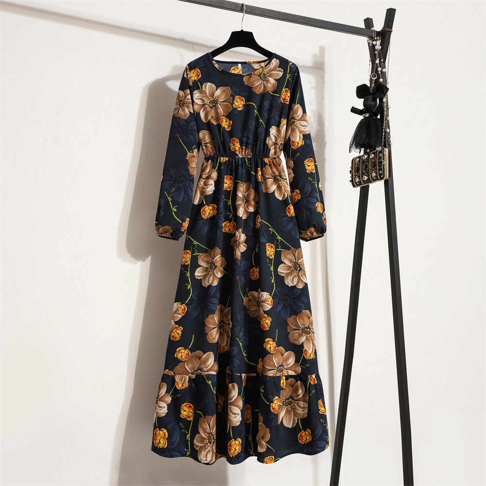 Women's High Waist Long Retro Chiffon Printed Floral Round Neck Dresses