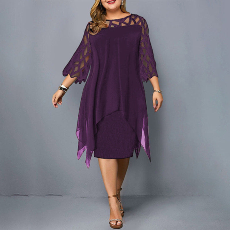 Lace Stitching Sleeve Irregular Hem Chiffon Dresses