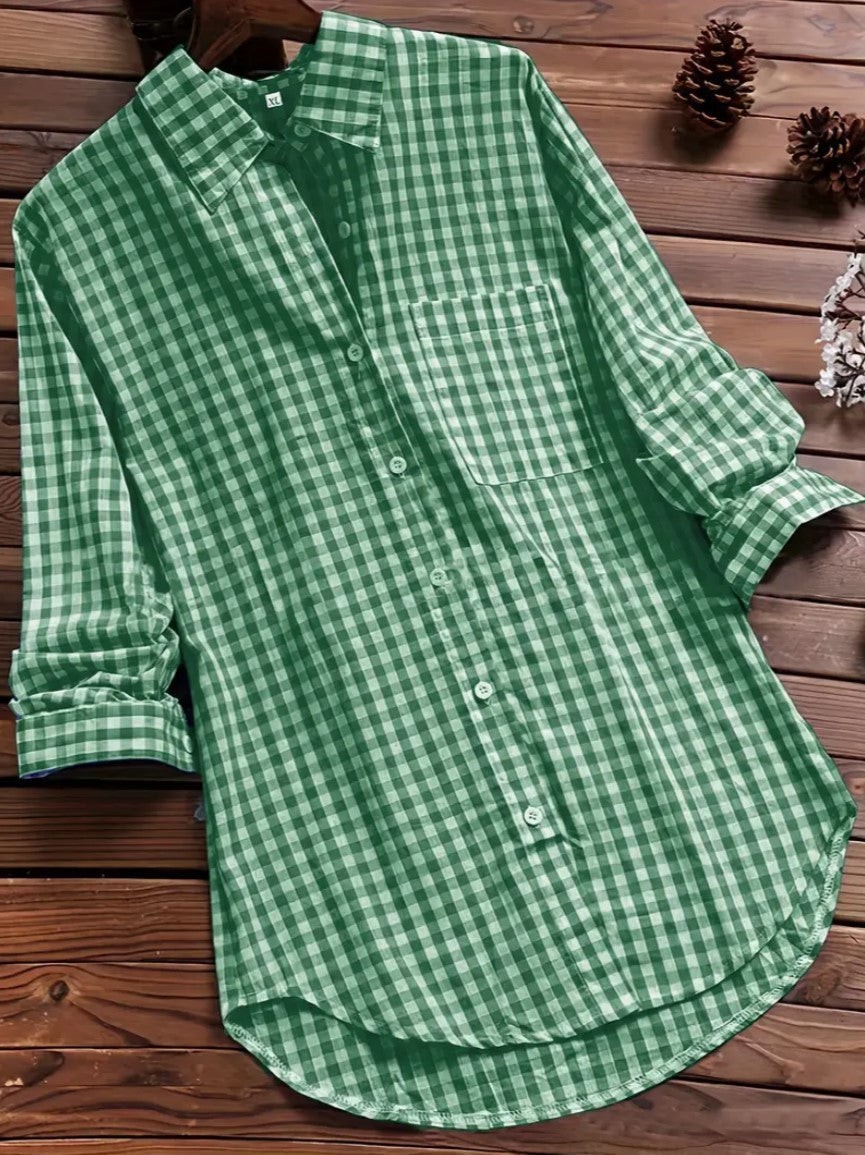 Women's Plaid Long-sleeved Shirt With Buttons For Blouses