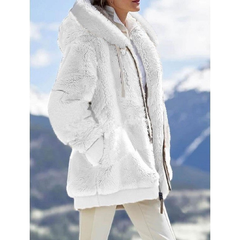 Women's Loose Plush Zipper Hooded Furry Coats