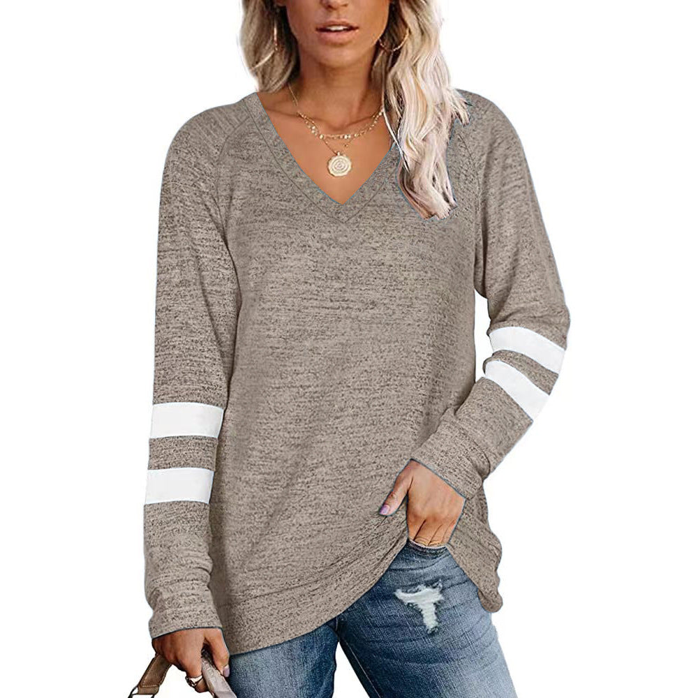 Women's Long Sleeve Color Patchwork V-neck Loose-fitting Casual Tops