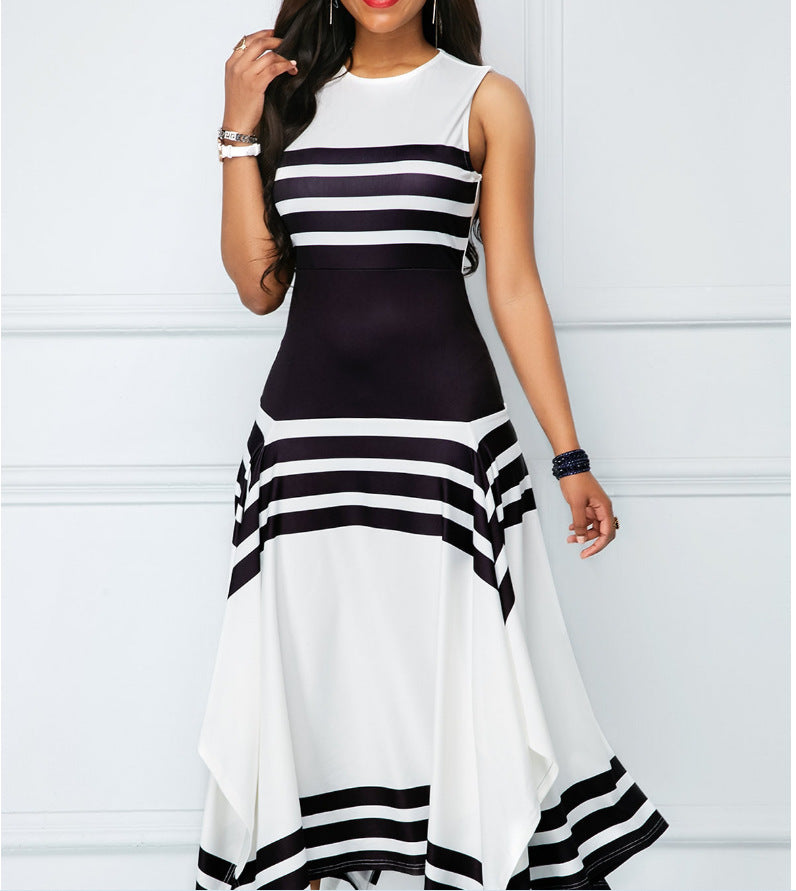 Fashion Round Neck Sleeveless Striped Printed Elegant Stitching Dresses