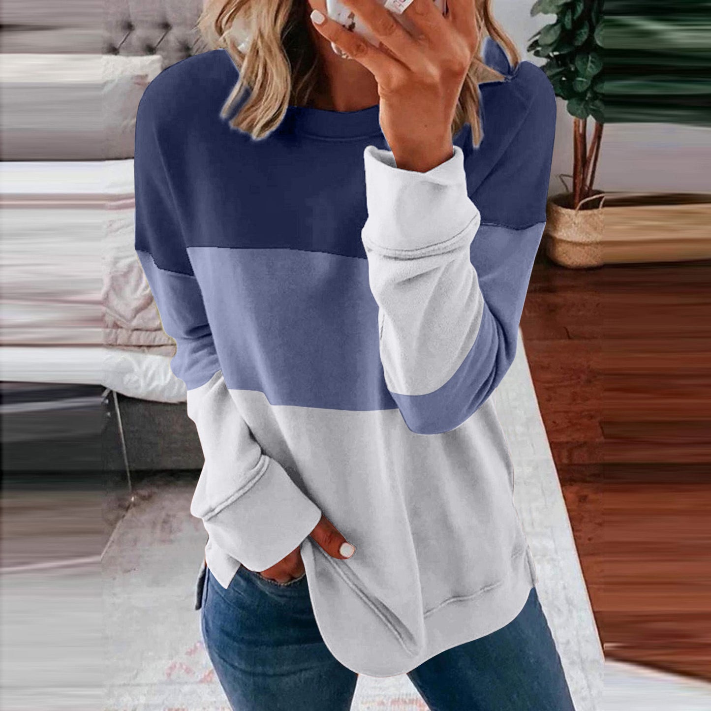 Women's Color Matching Contrast Casual Loose Pullover Blouses