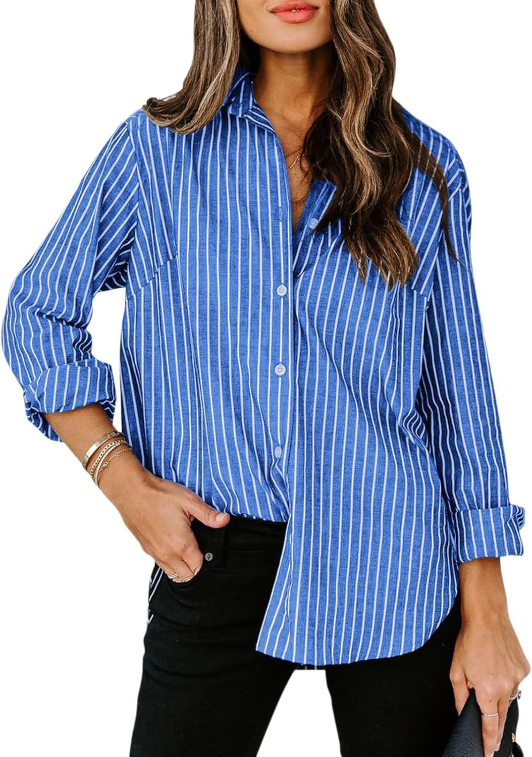 Women's Casual Striped Long-sleeved Button Shirt Blouses