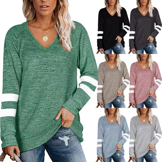 Women's Long Sleeve Color Patchwork V-neck Loose-fitting Casual Tops