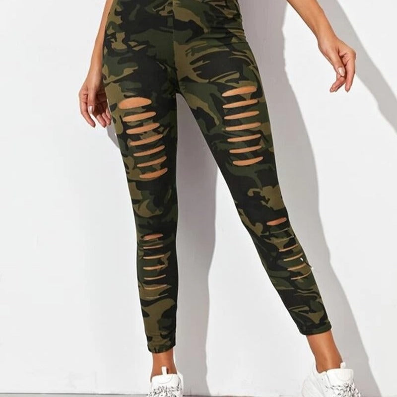 Silk Skinny Camouflage Printed Ripped Stretch Leggings