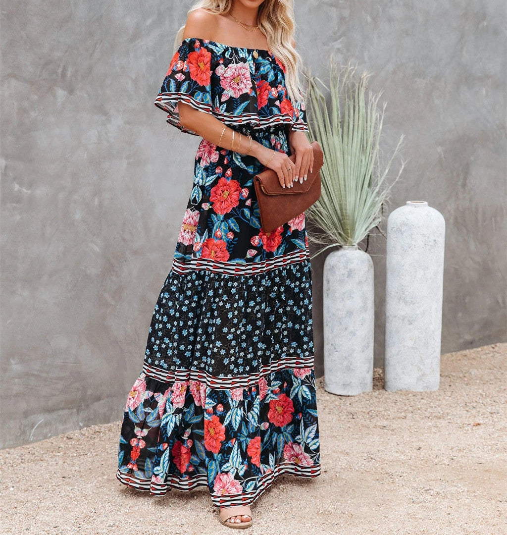 Summer Off-shoulder Printed Long Large Hem Dresses