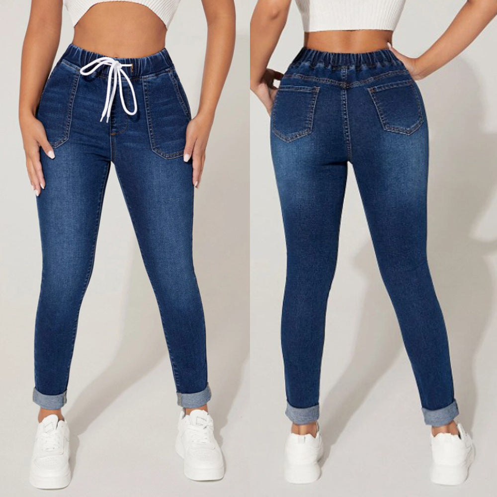 Women's Cropped Drawstring Elastic Waist High Skinny Jeans