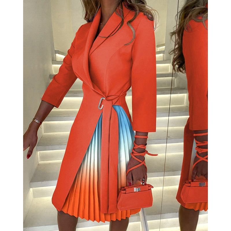 Slouchy Collar Tie Waist-tight Mid-sleeve Pleated Dresses