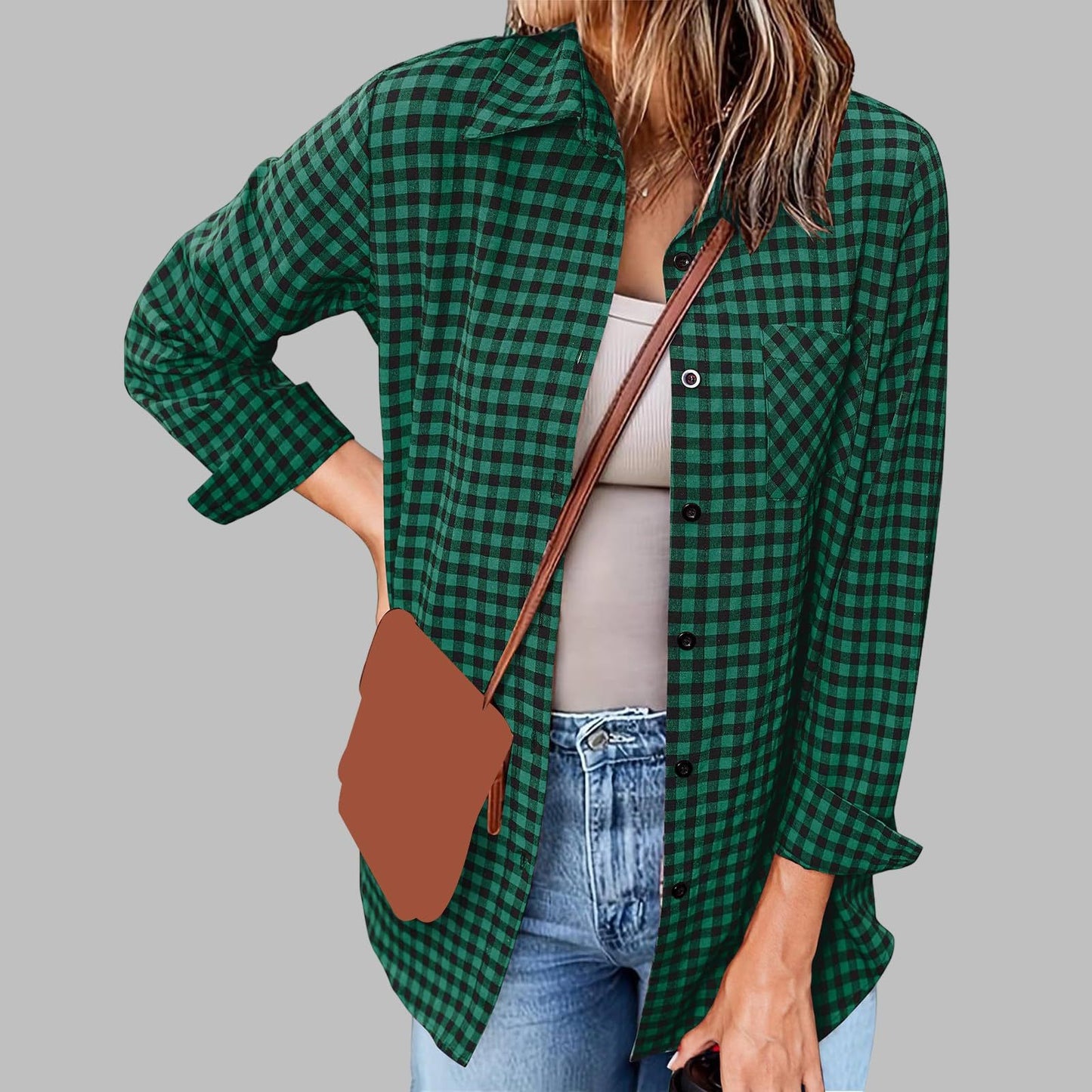 Women's Printed Plaid Shirt Lapel Loose Blouses