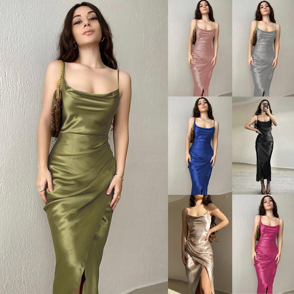 Women's Hot Style Sexy Low-cut Satin Strap Dress Dresses