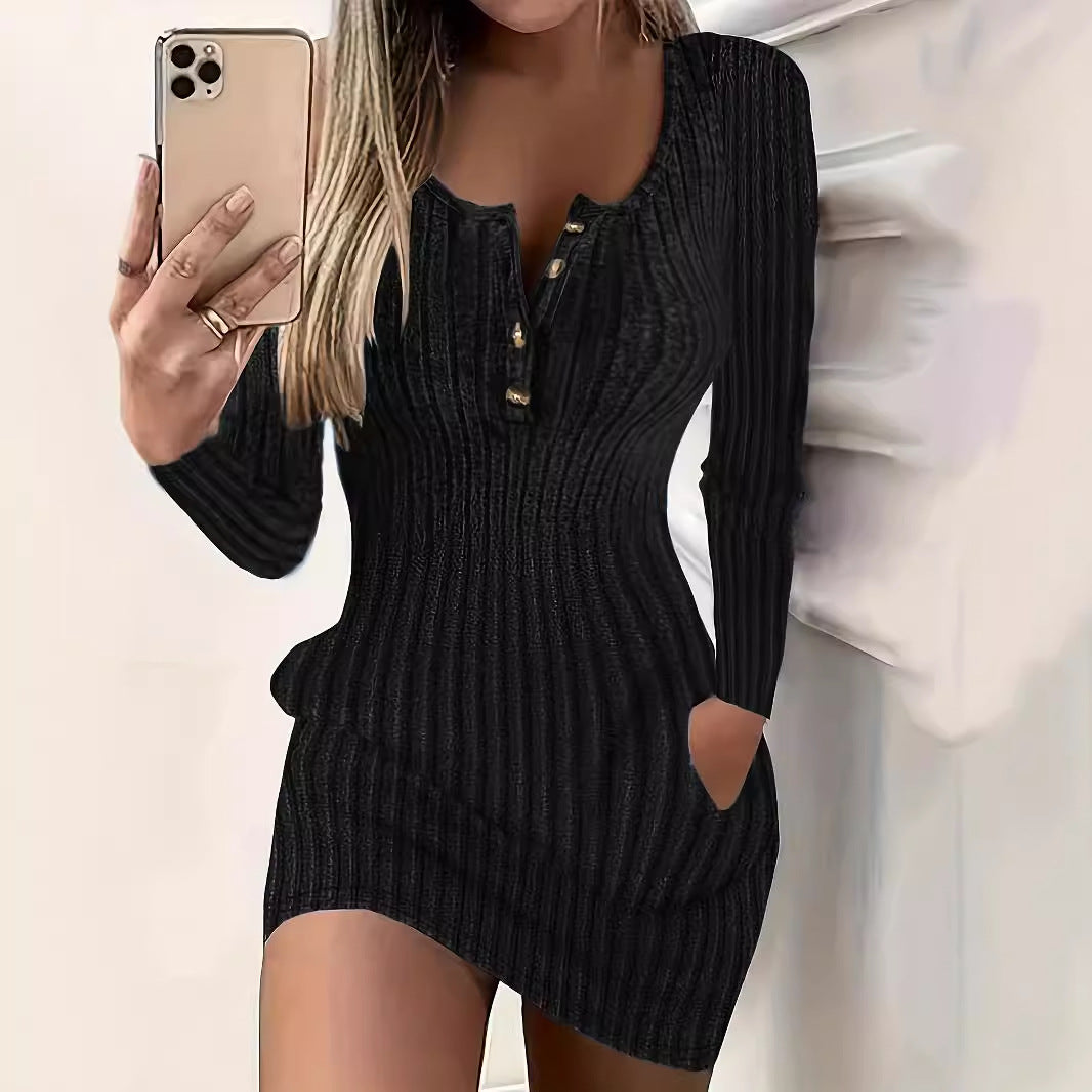 Women's Solid Color Long Sleeve Tight Buttons Dresses