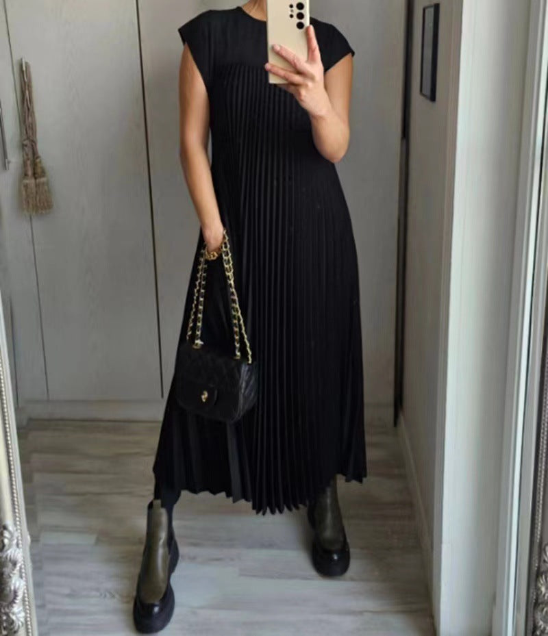 Autumn Solid Color Round Neck Sleeveless Pleated Dresses