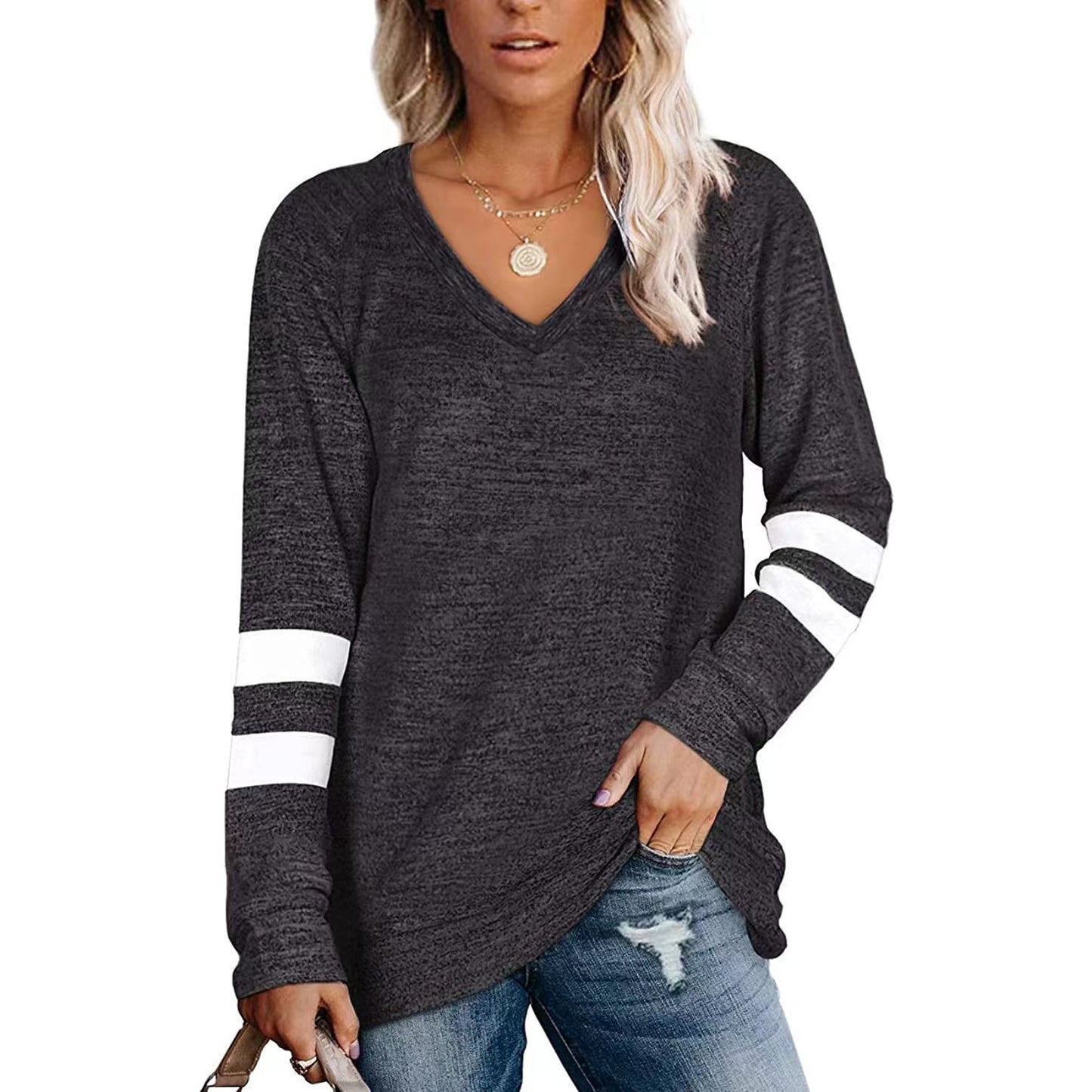 Women's Long Sleeve Color Patchwork V-neck Loose-fitting Casual Tops