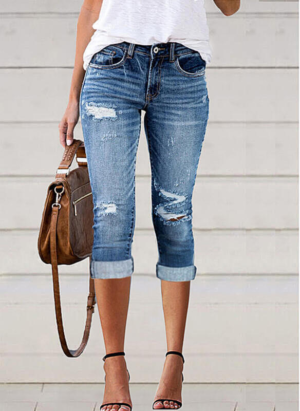 Women's Summer Fashion Holes Stretch Denim Cropped Jeans