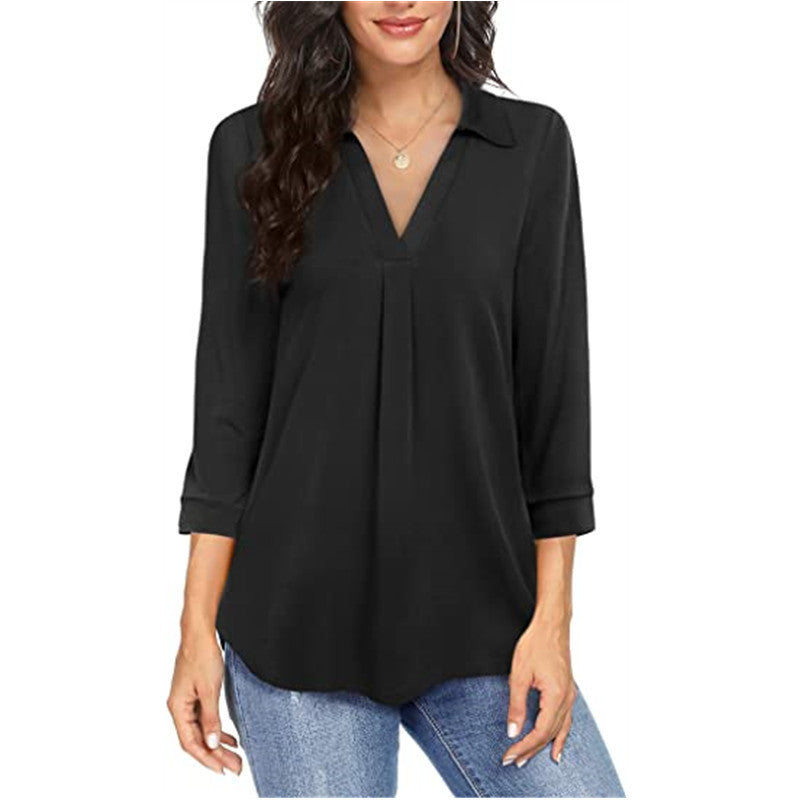 Women's Elegant Chiffon Pullover Loose V-neck 3/4 Sleeves Blouses