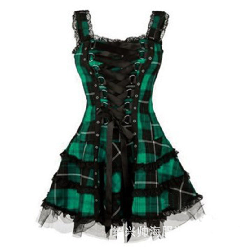 Women's Plaid Printed Lock Lace-up Sleeveless Mesh Dresses