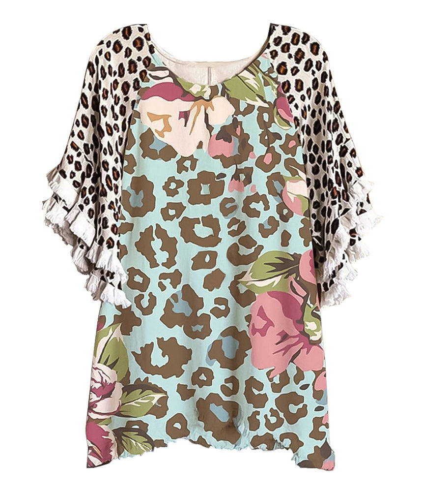 Women's Ruffle Sleeve Round Neck Multicolor Printing Blouses