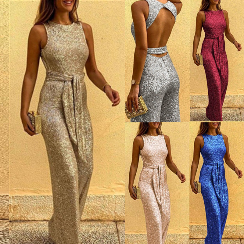 Women's Round Neck Sleeveless Personalized Sequined Sier Jumpsuits