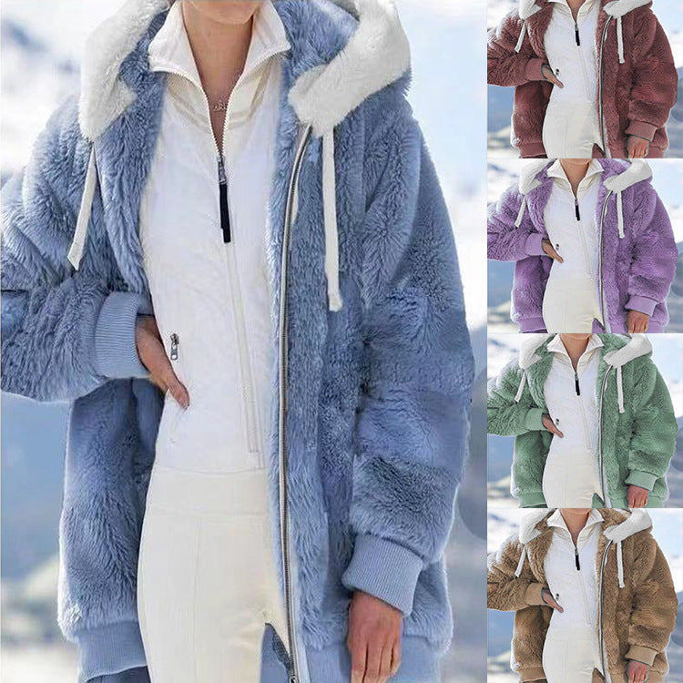 Women's Loose Plush Zipper Hooded Furry Coats