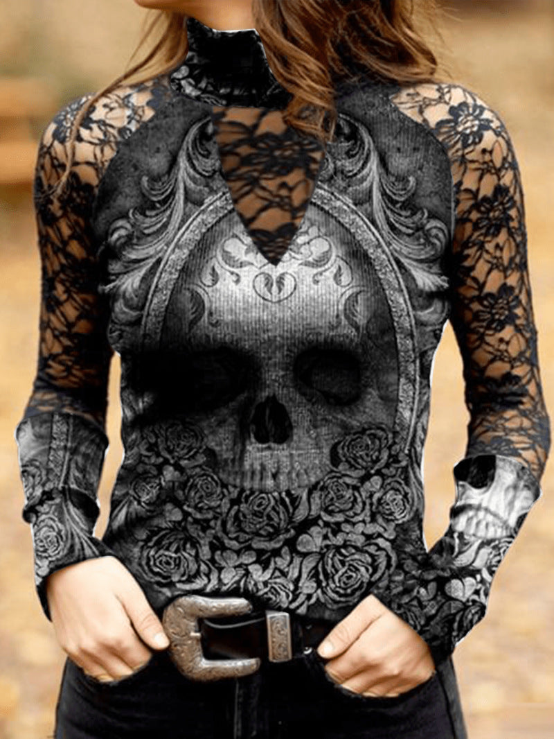 Slouchy Women's Lace Skull Print T-shirt Blouses