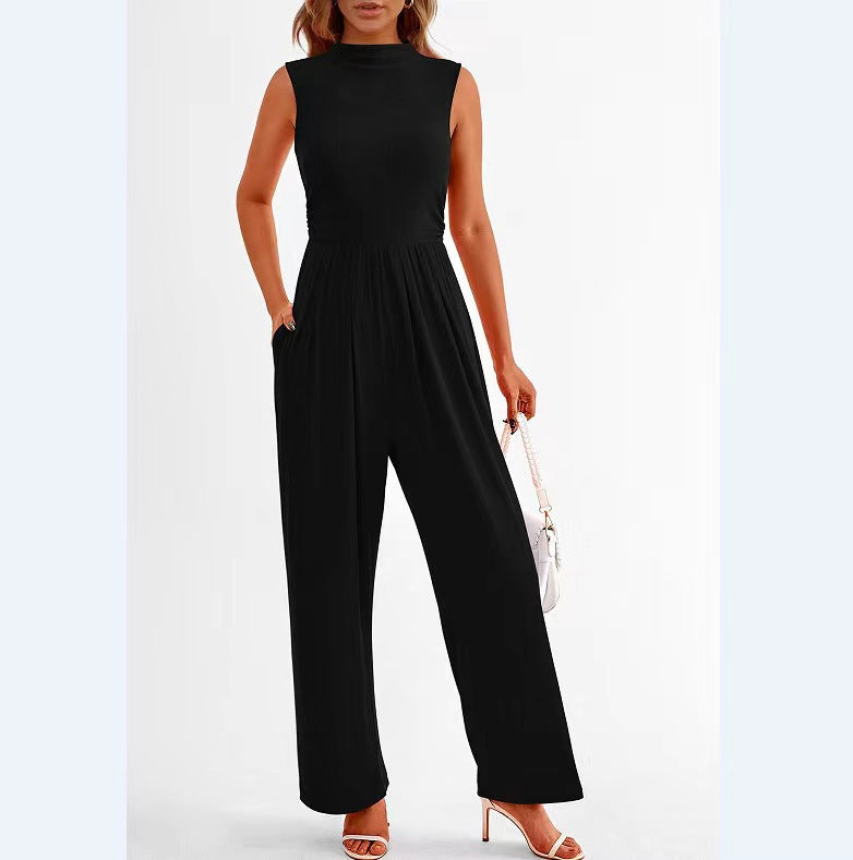 Women's Casual One-piece Sleeveless Wide Leg Belt Jumpsuits