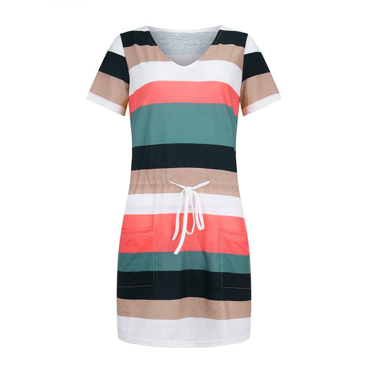 Women's Slouchy Summer Drawstring Short-sleeved Striped Dresses