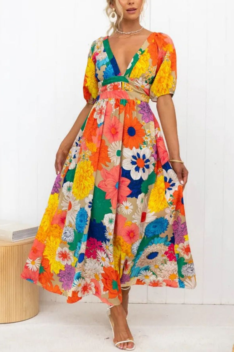 Women's Summer French Print Puff Sleeve Casual Dresses