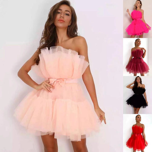 Women's Tube Mesh Graceful Bow Pettiskirt Dress Wedding Dresses