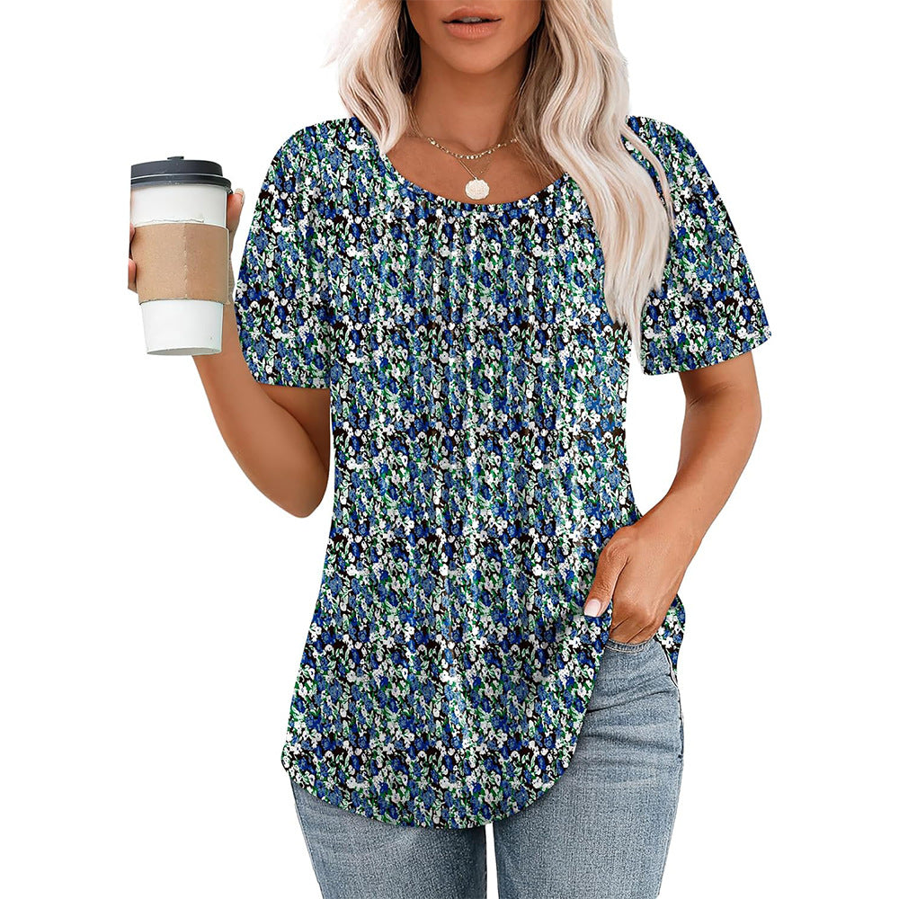 Women's Pleated Round Neck Short-sleeved T-shirt Blouses