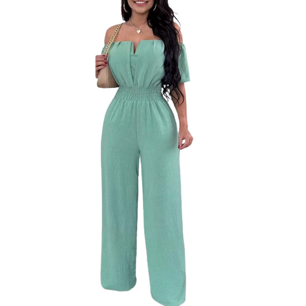 Women's Off-neck Waist Trimming Loose Straight Collar Jumpsuits