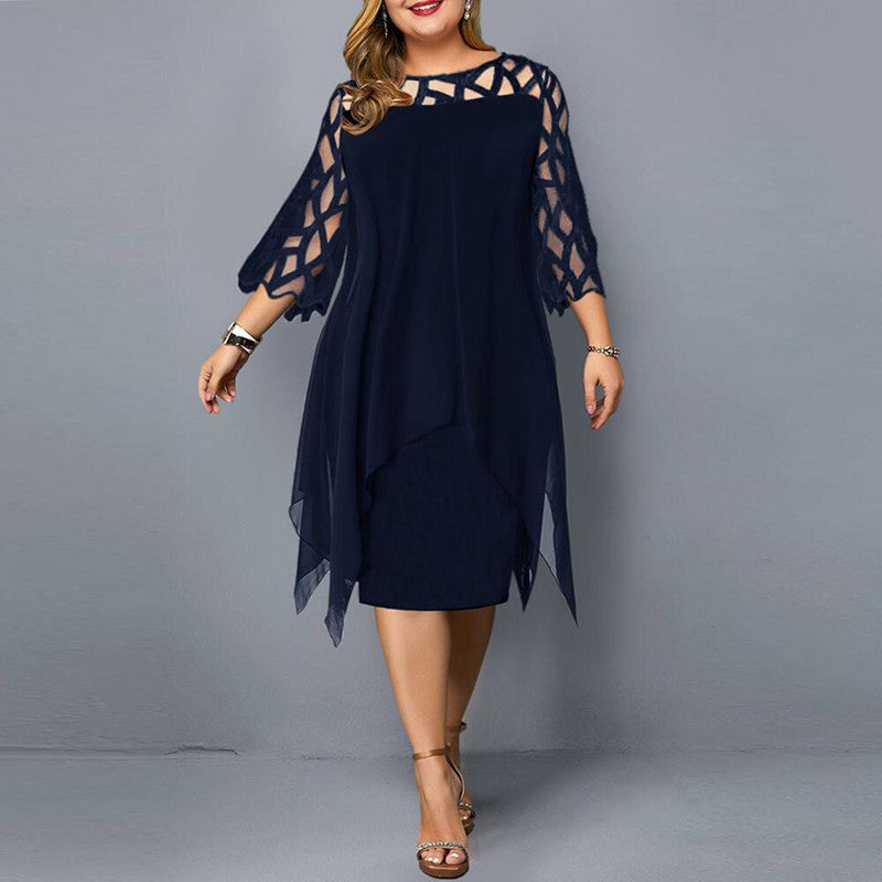 Women's Large Fashion Lace Stitching 3/4 Sleeve Irregular Hem Chiffon Dresses