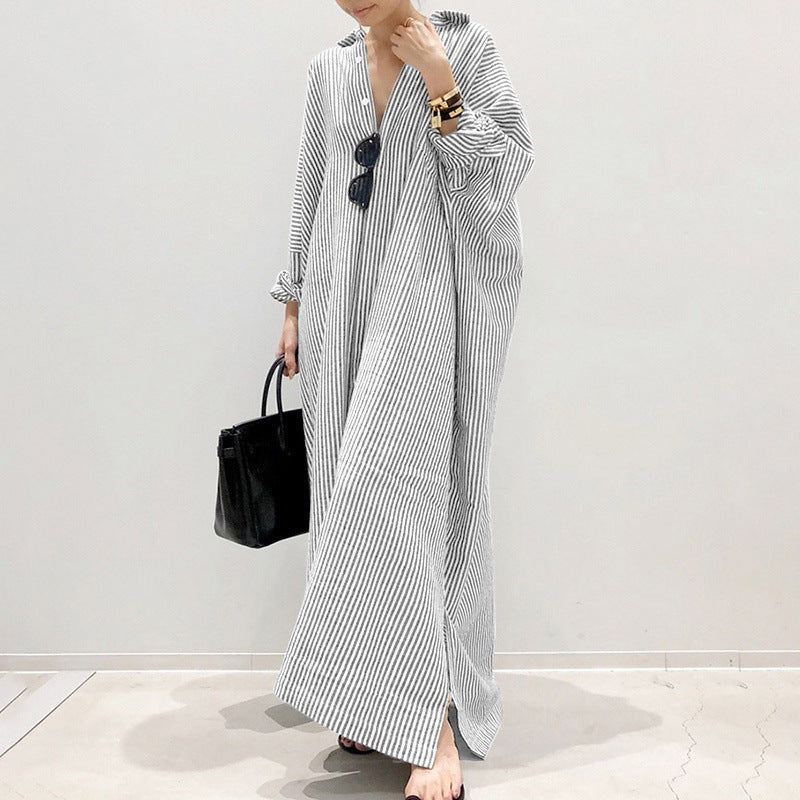 Women's Linen Stripes Shirtdress Long Sleeve Loose Dresses