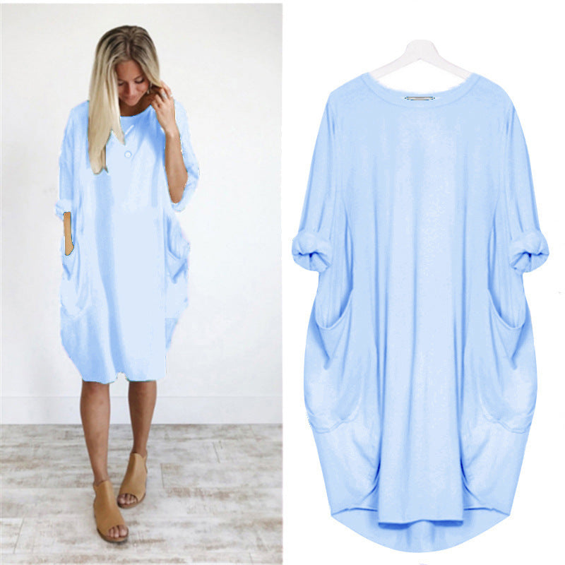 Women's Sleeve Round Neck Solid Color Loose Pockets Dresses