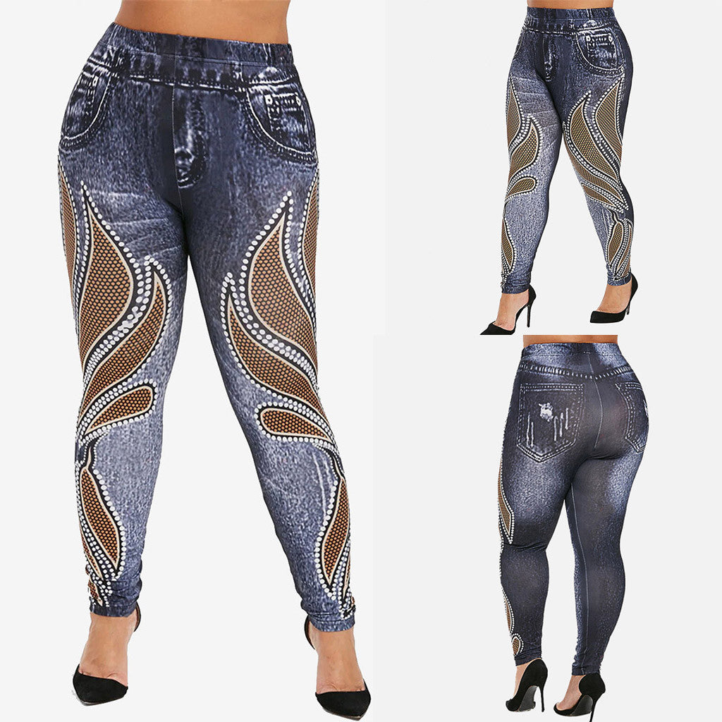 Women's High Waist Elastic Imitation Denim Fitness Leggings