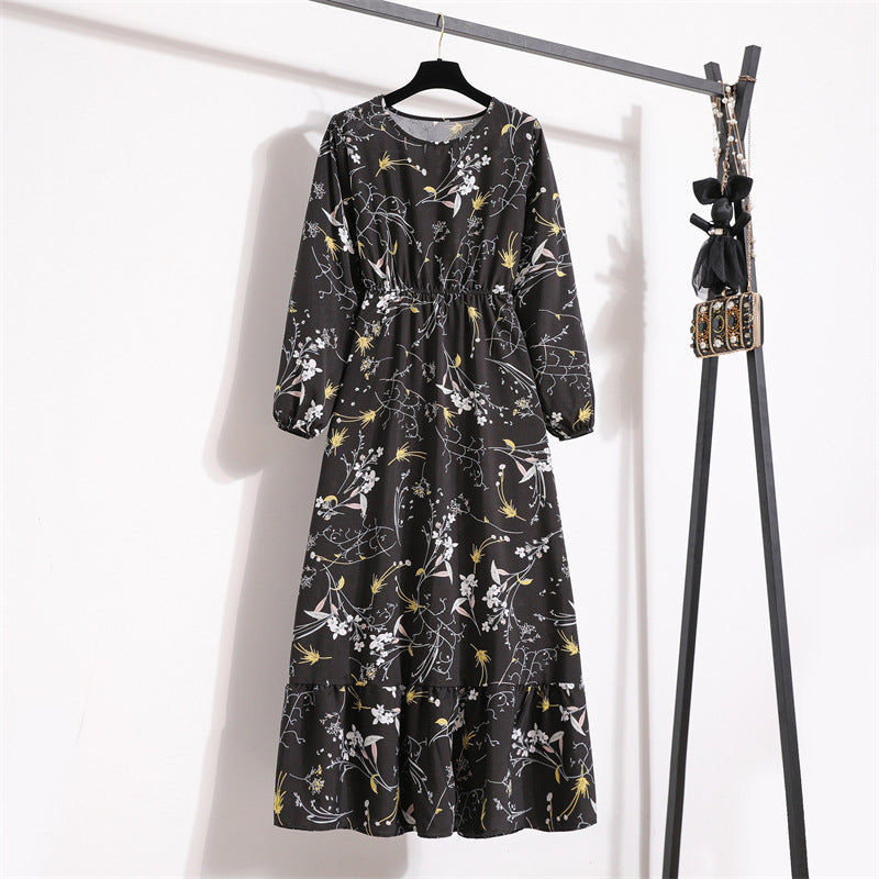 Women's High Waist Long Retro Chiffon Printed Floral Round Neck Dresses