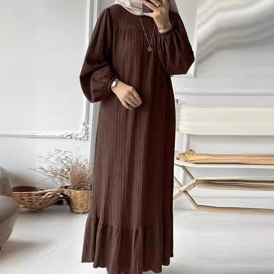 Women's Muslim Wear Robe Fashion Puff Sleeve Vintage Pocket Clothing