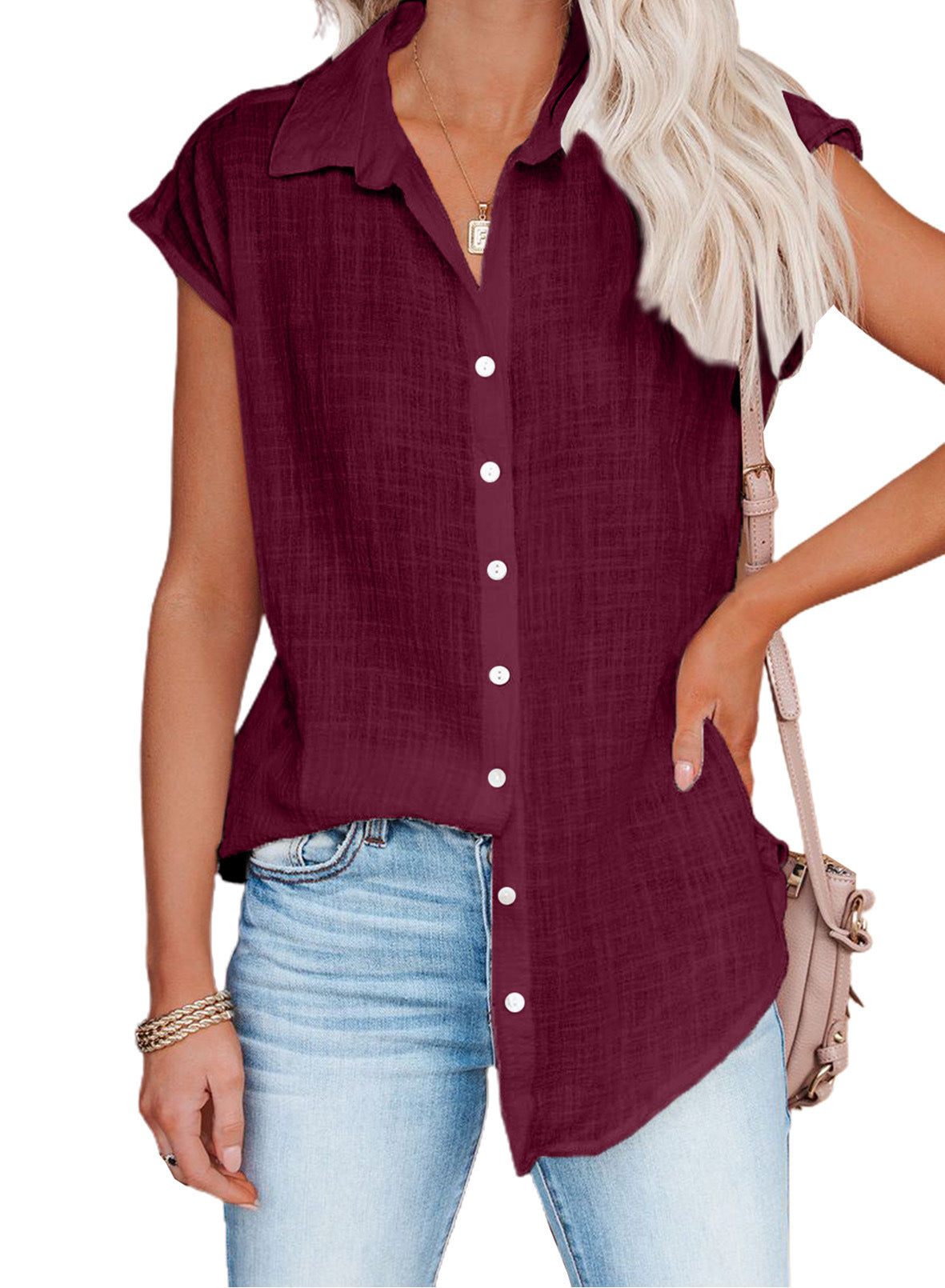 Summer Solid Color Single-breasted Lapel Shirt Blouses