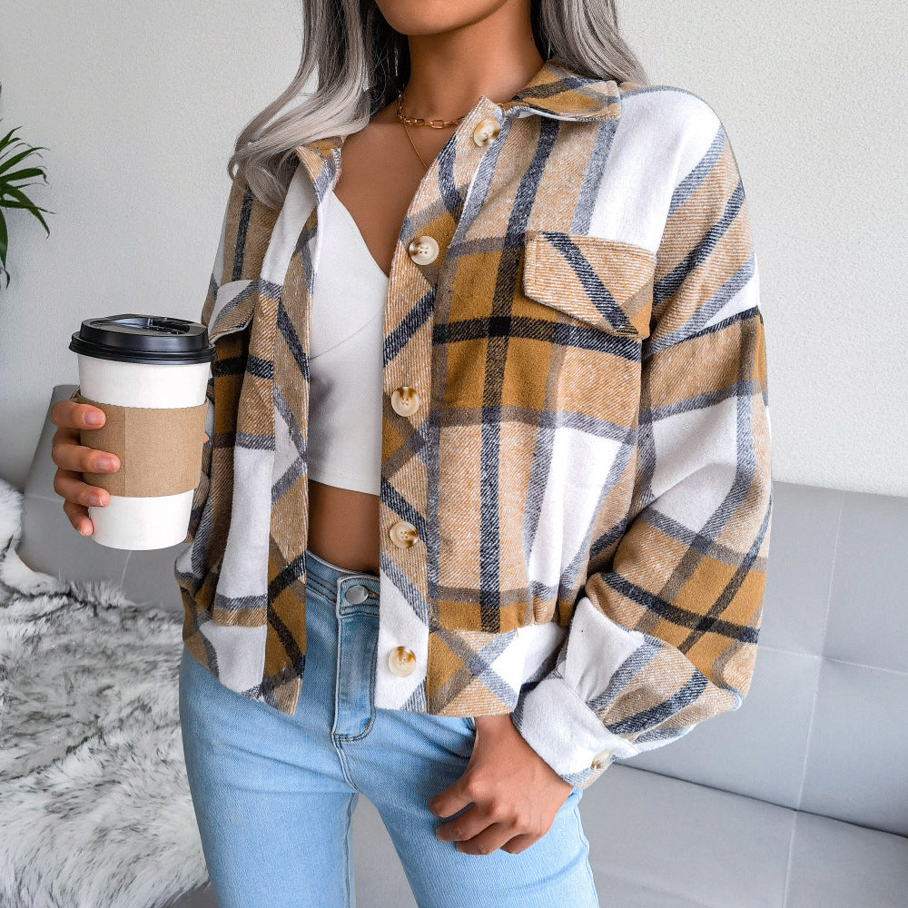 Women's Plaid Lantern Long Sleeve Woolen Jackets