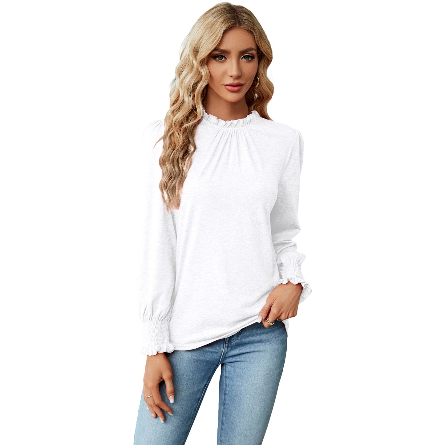 Color Lace Collar Long Sleeve Loose-fitting Blouses