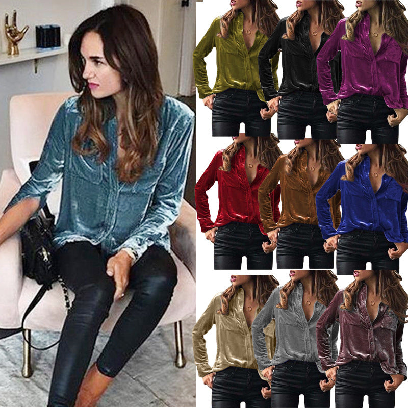 Women's Pocket Solid Color Temperament Long Sleeve Blouses