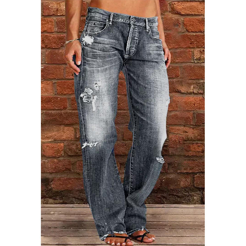 Women's Denim Trousers Trendy Mid Waist Ripped Pants